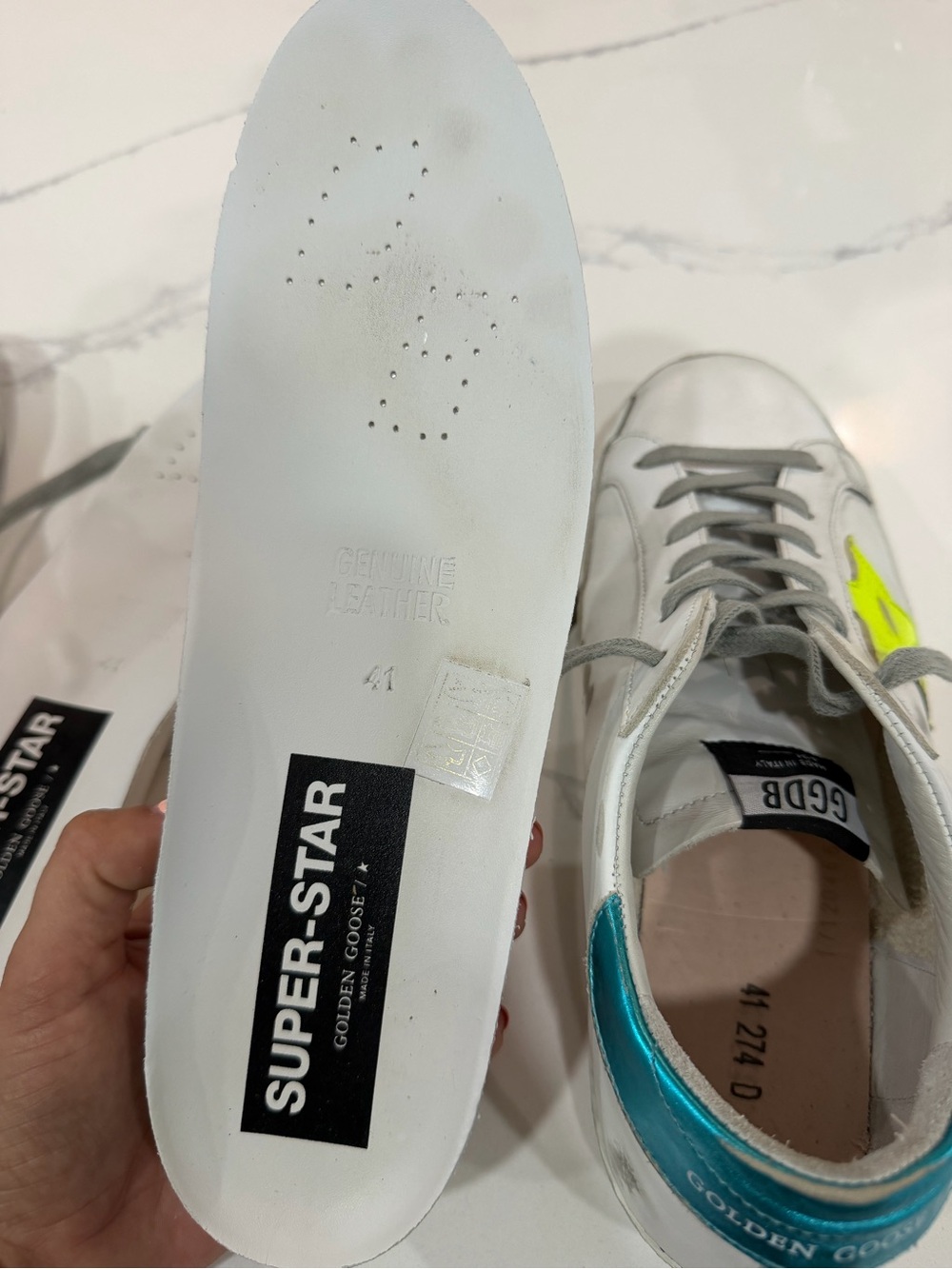 Golden Goose Deluxe Superstar Sneakers w/ Neon Yellow Star & Metallic Teal Heel - Picture 9 of 10